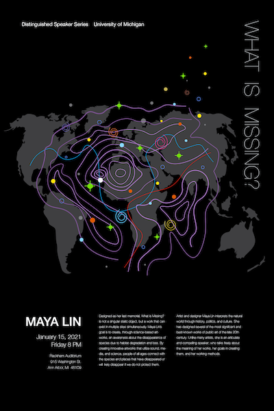 poster with an abstract space digital drawing and information about the Maya Lin lecture